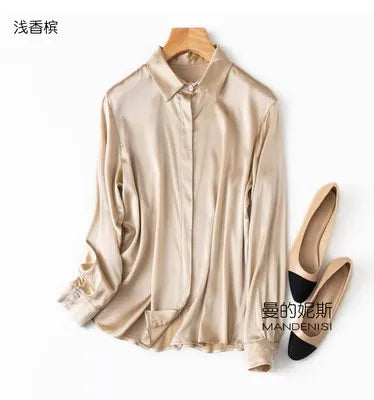 Luxury Satin silk shirt women's long sleeve 93% mulberry silk shirt commuter office lady style for Spring/Summer