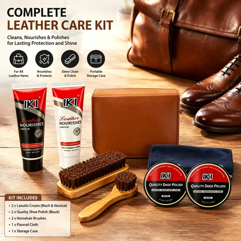 Leather Shoe Care Kit with Black And Colorless Shoe Polish 2 Black Solid Shoe Wax Two Horse Hair Brushes And Flannel Cloth
