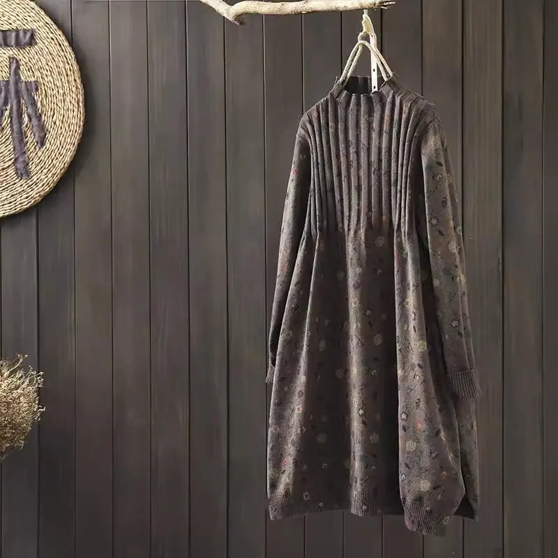 Retro Print Loose Knitted Dress Half High Collar Base Layer Skirt Autumn Winter Long Straight A-Line Dress for Women