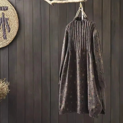 Retro Print Loose Knitted Dress Half High Collar Base Layer Skirt Autumn Winter Long Straight A-Line Dress for Women