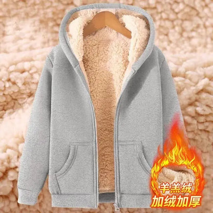 Ladies Large Size American Style Lamb Velvet Hoodie Zipper Cardigan Outerwear Autumn Winter Thickened Long Sleeve Casual Wear