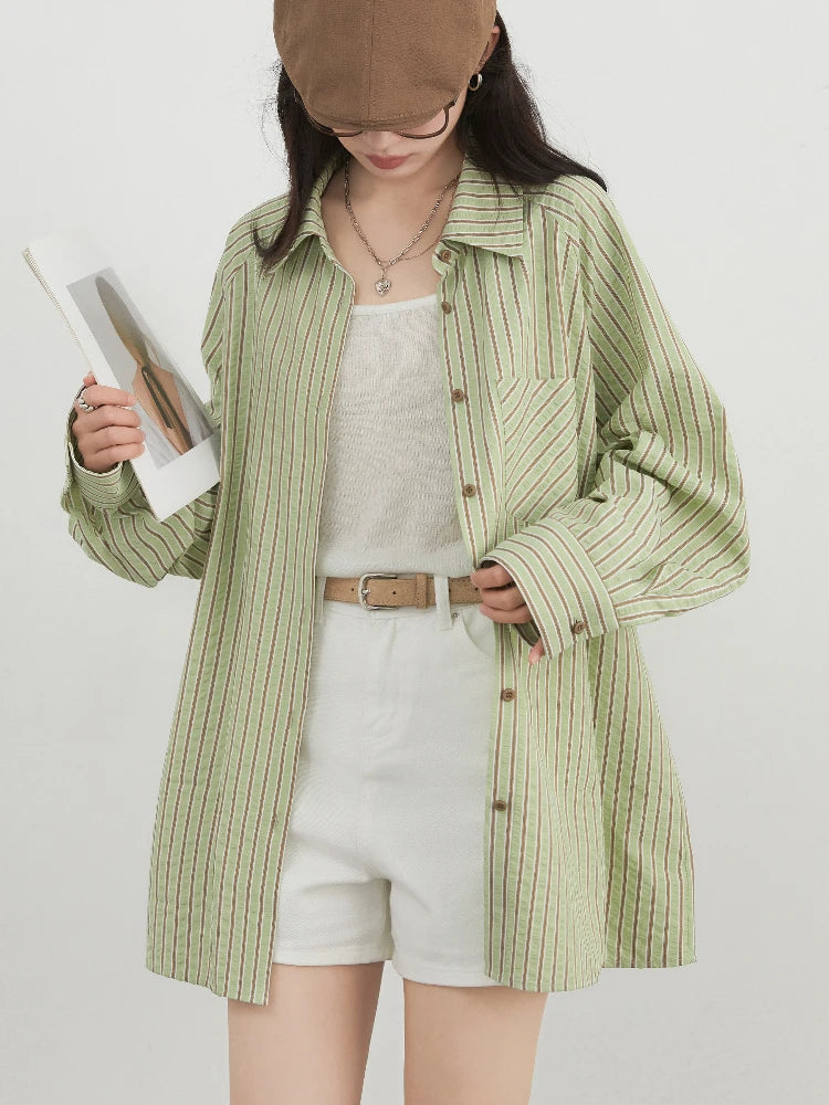 CHIC VEN Women Shirt Single Breasted Loose Casual Vertical Striped Long Sleeved Blouses Oversize Female Coat Spring Summer 2025