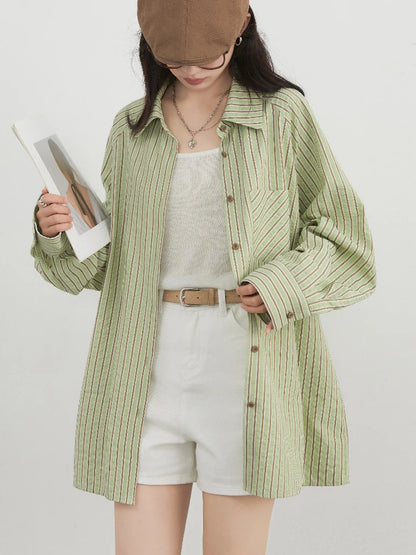 CHIC VEN Women Shirt Single Breasted Loose Casual Vertical Striped Long Sleeved Blouses Oversize Female Coat Spring Summer 2025