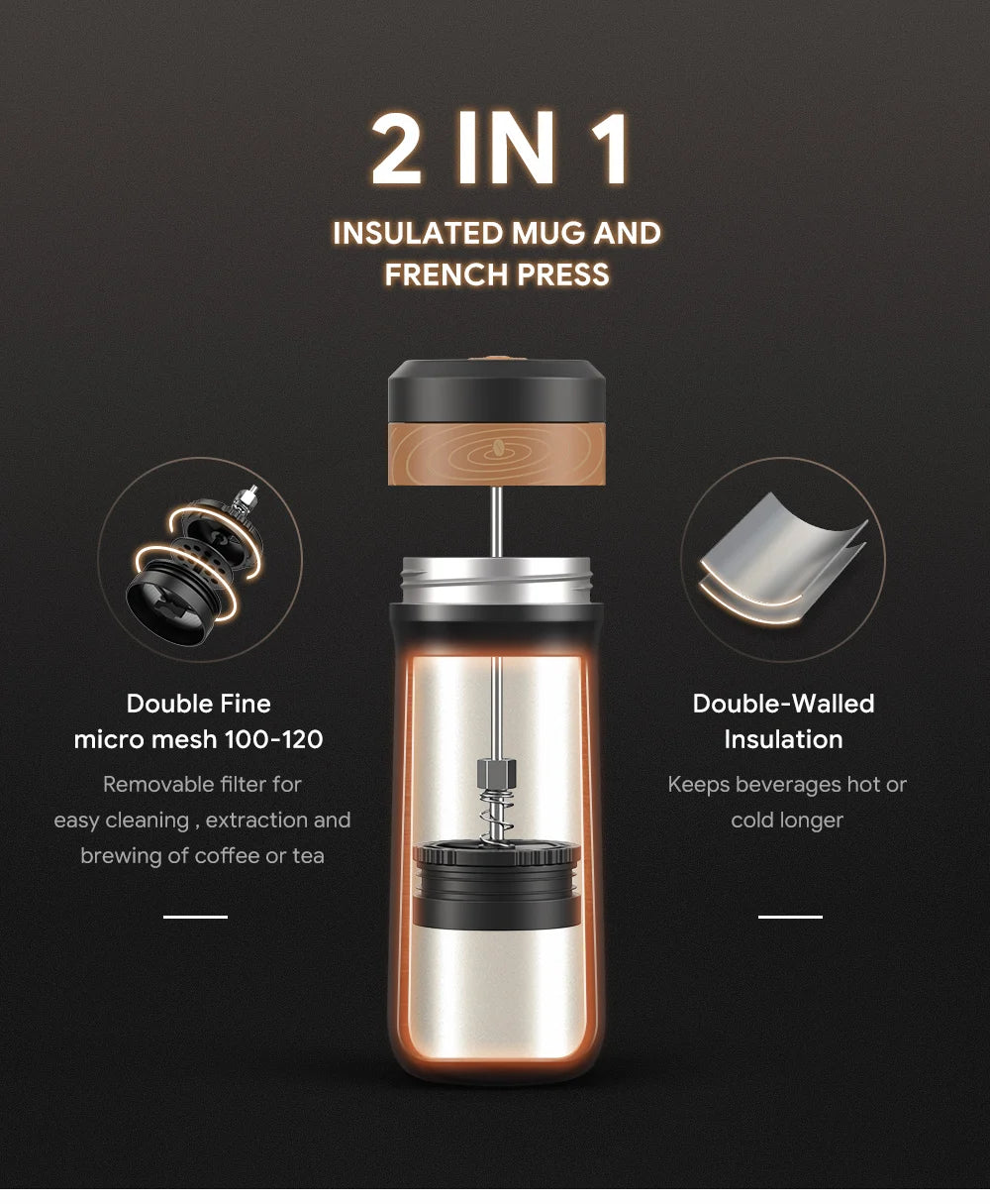 Portable French Press Coffee Tea Mug 12oz with Carry Loop Plastic Stainless Steel French Press Coffee Maker Great Camping Travel