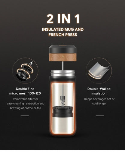 Portable French Press Coffee Tea Mug 12oz with Carry Loop Plastic Stainless Steel French Press Coffee Maker Great Camping Travel