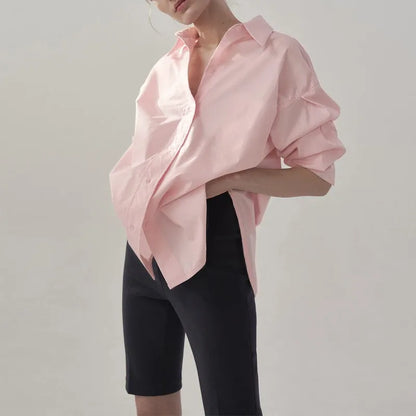 100% Cotton Loose Solid Color Basic Shirt For Women Spring 2026 Elegant Office Ladies Lapel Collared Cardigan Long-Sleeve Shirts