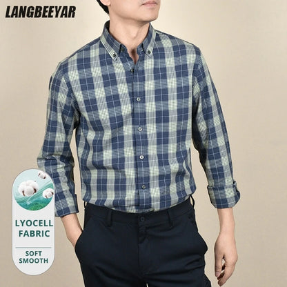 Premium Lyocell Fabric New Fashion Slim Fit Mens Shirts Checkered Business Breathable Plaid Casual Button Down Long Sleeve Top