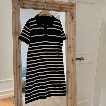 new Korean striped dress for women's summer, pure cotton straight tube mid length skirt