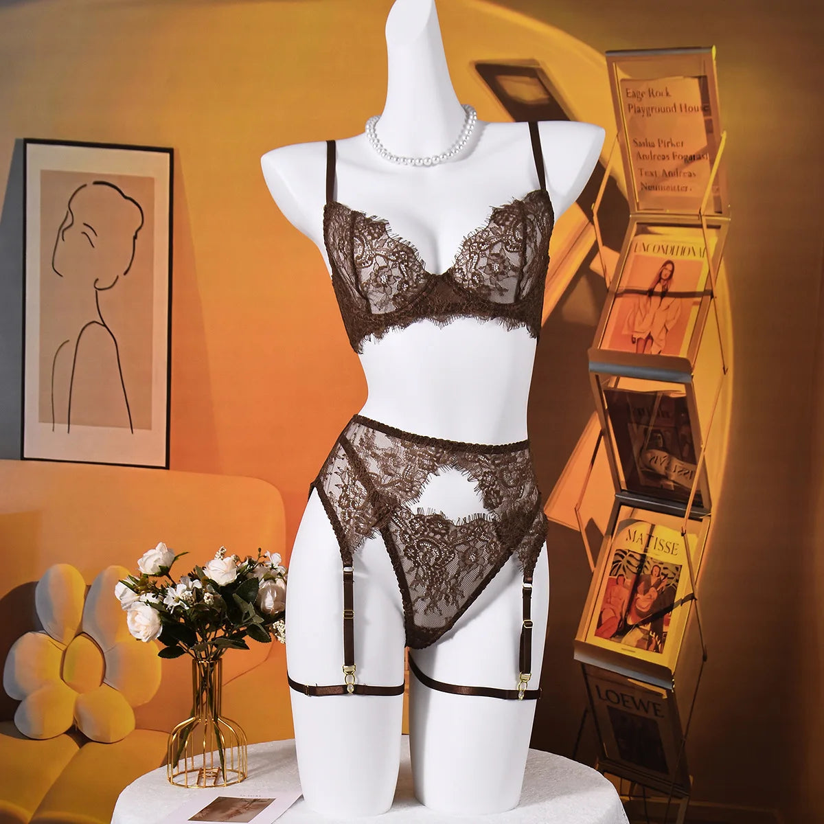 Ellolace Solid Lingeries Sexy Hot Elegant Bra Belt Thong 3PC with Leg Circles Cute Intimate Seductive Lace Tempted Underwear
