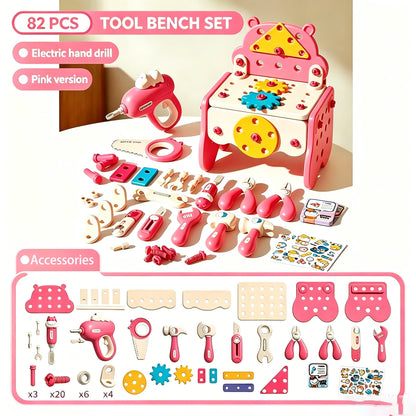 Kids pretend play hippo repair toolbox with simulation electric drill, screw tightening, take-apart & assembly play set.