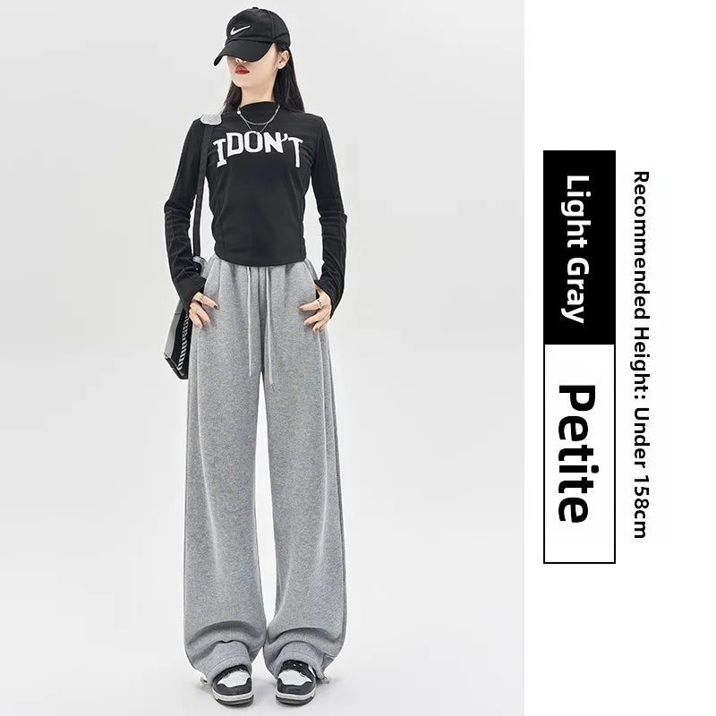 Gray Lamb Velvet Sport Pants Women's High Waist Drapey Fleece Wide Leg Casual Small Size Thickened Cotton Pants