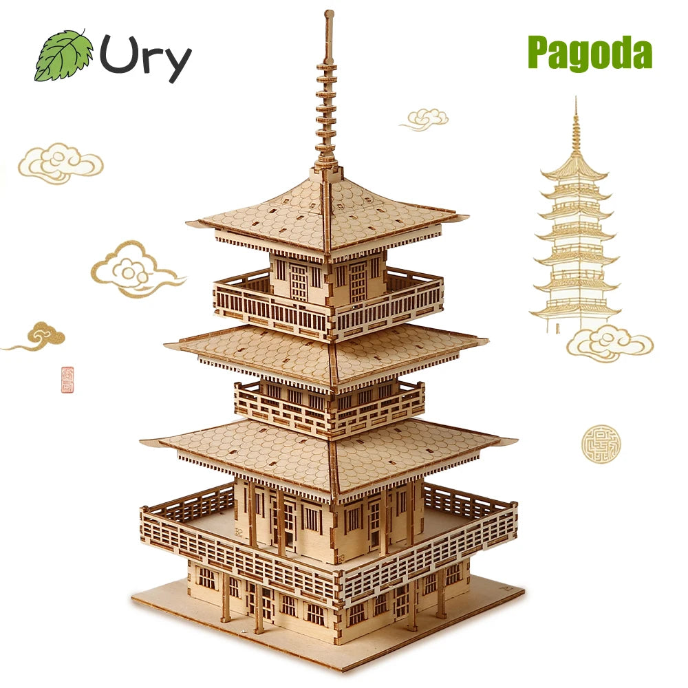 URY 3D Wooden Tower Ancient Pagoda Chinese Traditional Puzzle DIY Model Game Assembly Desktop Toy Gift for Adult