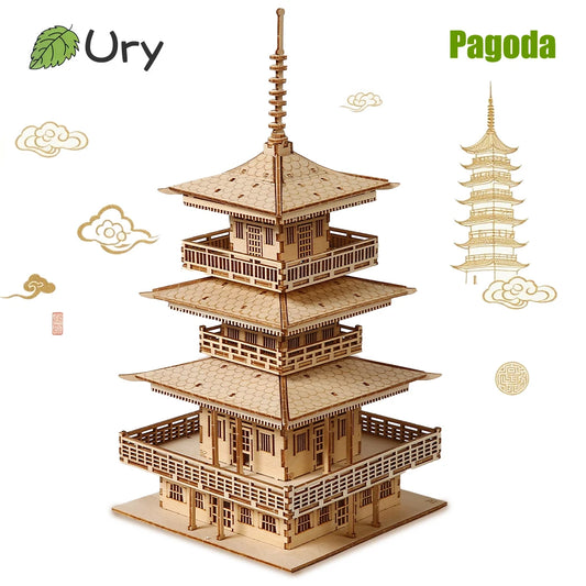 URY 3D Wooden Tower Ancient Pagoda Chinese Traditional Puzzle DIY Model Game Assembly Desktop Toy Gift for Adult