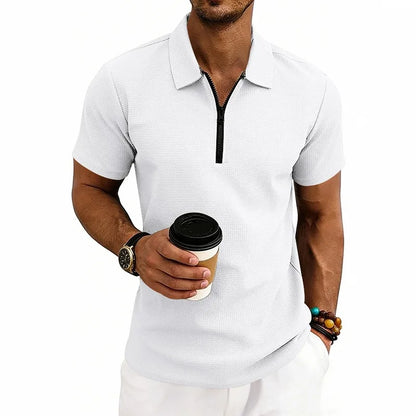 Men's Zip Polo Shirt Short Sleeve Waffle Textured Casual Top 2026