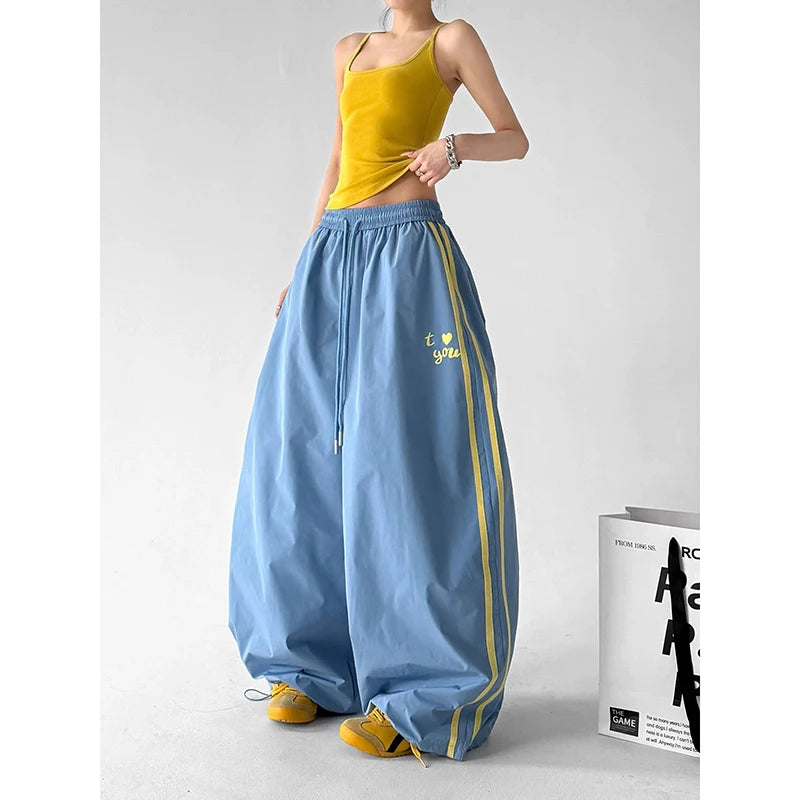 ZHIZOU Women Blue Baggy Letter Print Sweatpants Oversize Dance Pants Harajuku Aesthetic 2000s Style Vintage Y2k Stripe Trousers