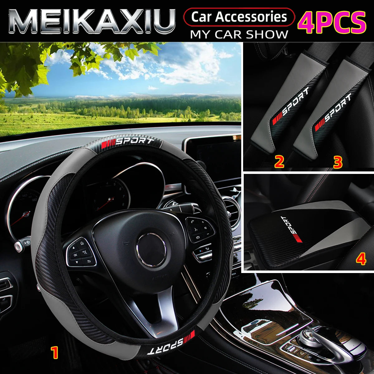 4PCS Carbon Fiber PU Leather Sport Car Steering Wheel Cover with Shoulder Guard And Armrest Pad Rimless Design for 37-38cm women