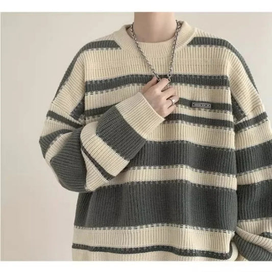 Men's autumn and winter knitted sweater jacket new style for teenagers, couple's sweater for boys, lazy and loose striped