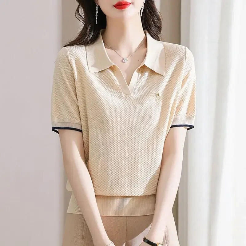 Polo Neck Shirt for Women Cute Plain Kawaii Baggy Red Woman T Korean Clothing Synthetic Luxury Fashion 2025 Pretty in Trend New