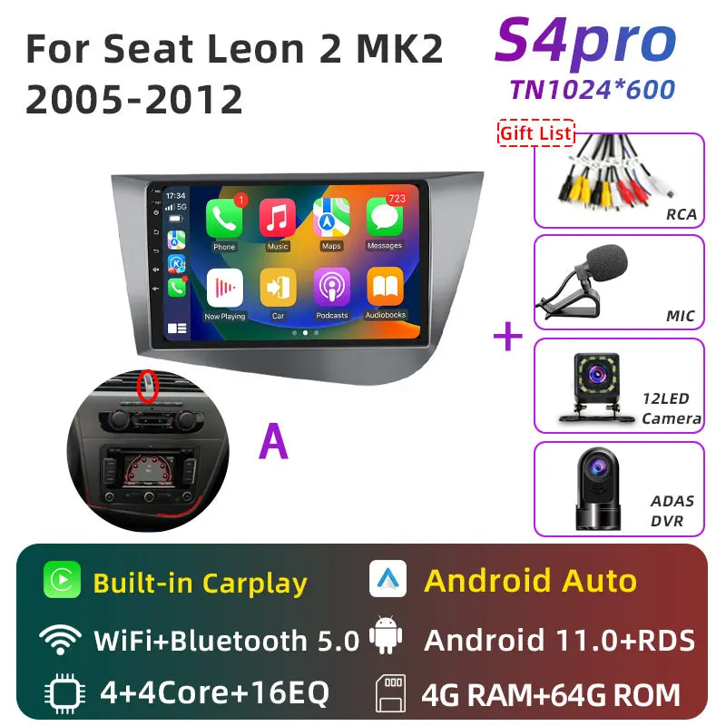 Jundof Car radio For Seat Leon 2 MK2 2005-2012 Carplay Android auto Qualcomm Car stereo Multimedia player 4G Wifi DSP 36EQ RHD