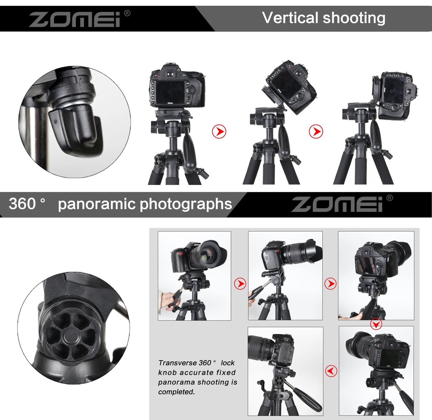 187cm/73.6in Tall Zomei Aluminum Alloy Portable Tripod for Camera DSLR Canon Nikon, 360 Degree Panorama Photography Phone Stand