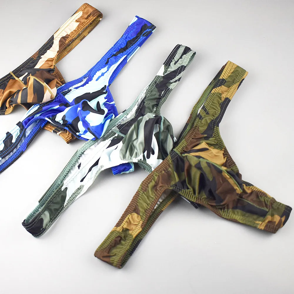 Men's Low Rise Thong Camouflage Print 3D Wrap Pouch Silky Smooth Breathable Comfort Underwear for Daily & Date Wear