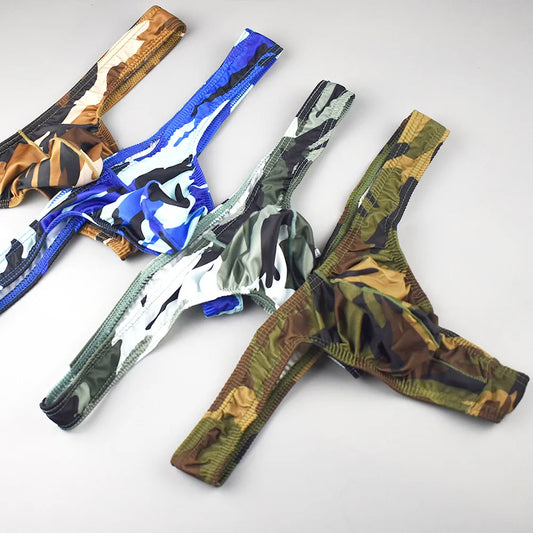 Men's Low Rise Thong Camouflage Print 3D Wrap Pouch Silky Smooth Breathable Comfort Underwear for Daily & Date Wear