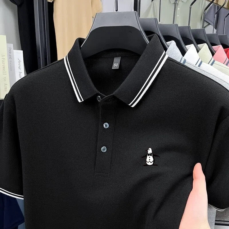 Brand striped men's polo shirt short sleeved penguin print top summer 100% cotton comfortable breathable casual lapel T-shirt