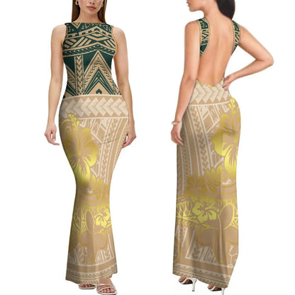 Dropshipping Custom Retro Style Design Elegant Ladies Club Dress Hawaiian Print Sleeveless Backless Dress New Zealand Prom Dress
