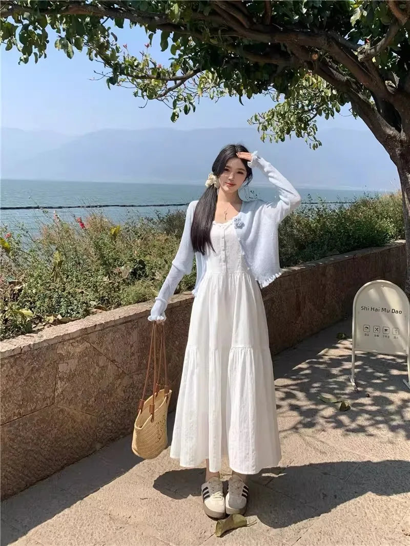 Slimming White Strapless Long Dress Simple French Style A-Line Midi Dress Women's Summer Fashion Sensation Waist-Cinching Dress
