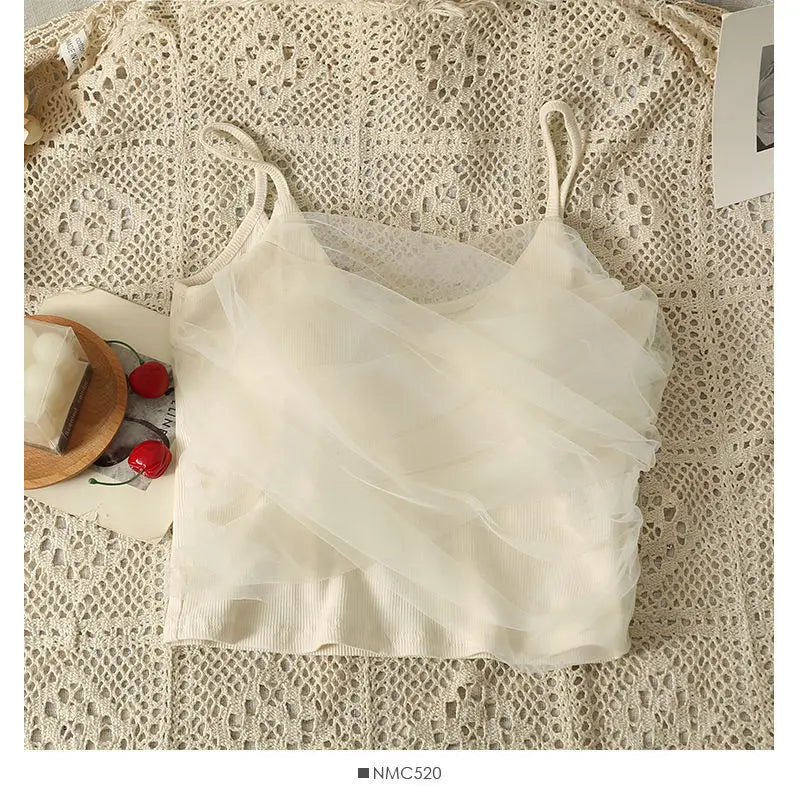 Sexy Mesh Splice Crop Top Backless Design Pure Color Strap Vest for Women Trendy Slimming Short Style Summer Fashion