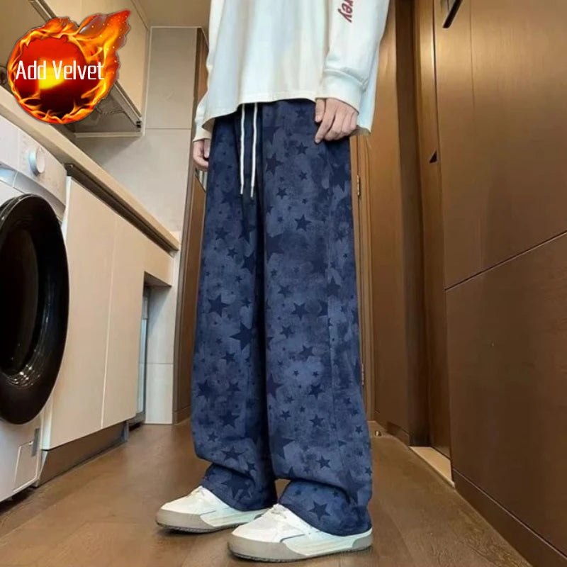 Youth Casual Tie Dye Star Joggers Straight Leg Loose Sports Pants Trendy Oversized Design for Autumn Winter Soft Draping Fabric