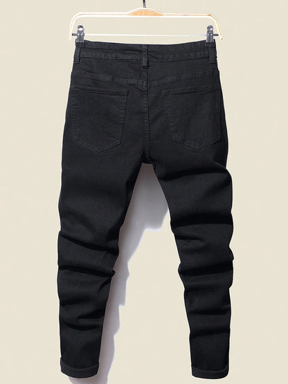 Men's Stretchy Ripped Denim Jeans Slim Fit Straight Trousers Elastic Waist Patchwork Holes Tearing Streetwear Casual Pants