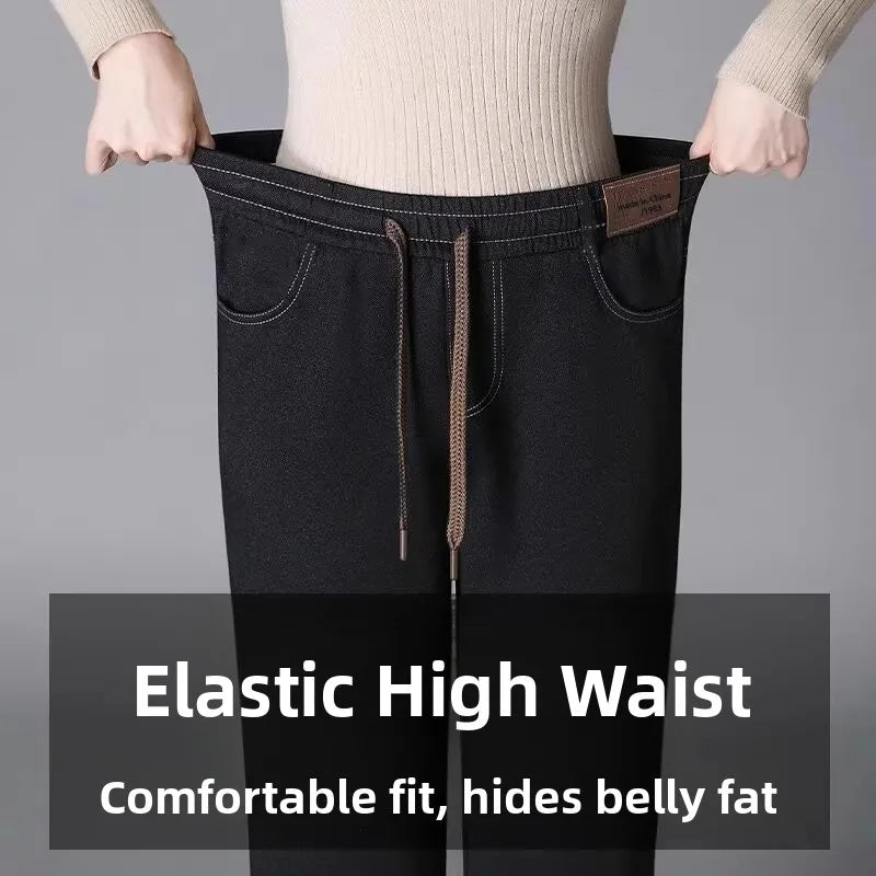 High Waist Thickened Fleece Lined Wide Leg Jeans Women's Casual Straight Cut Trousers Autumn Winter New Style Slimming Effect