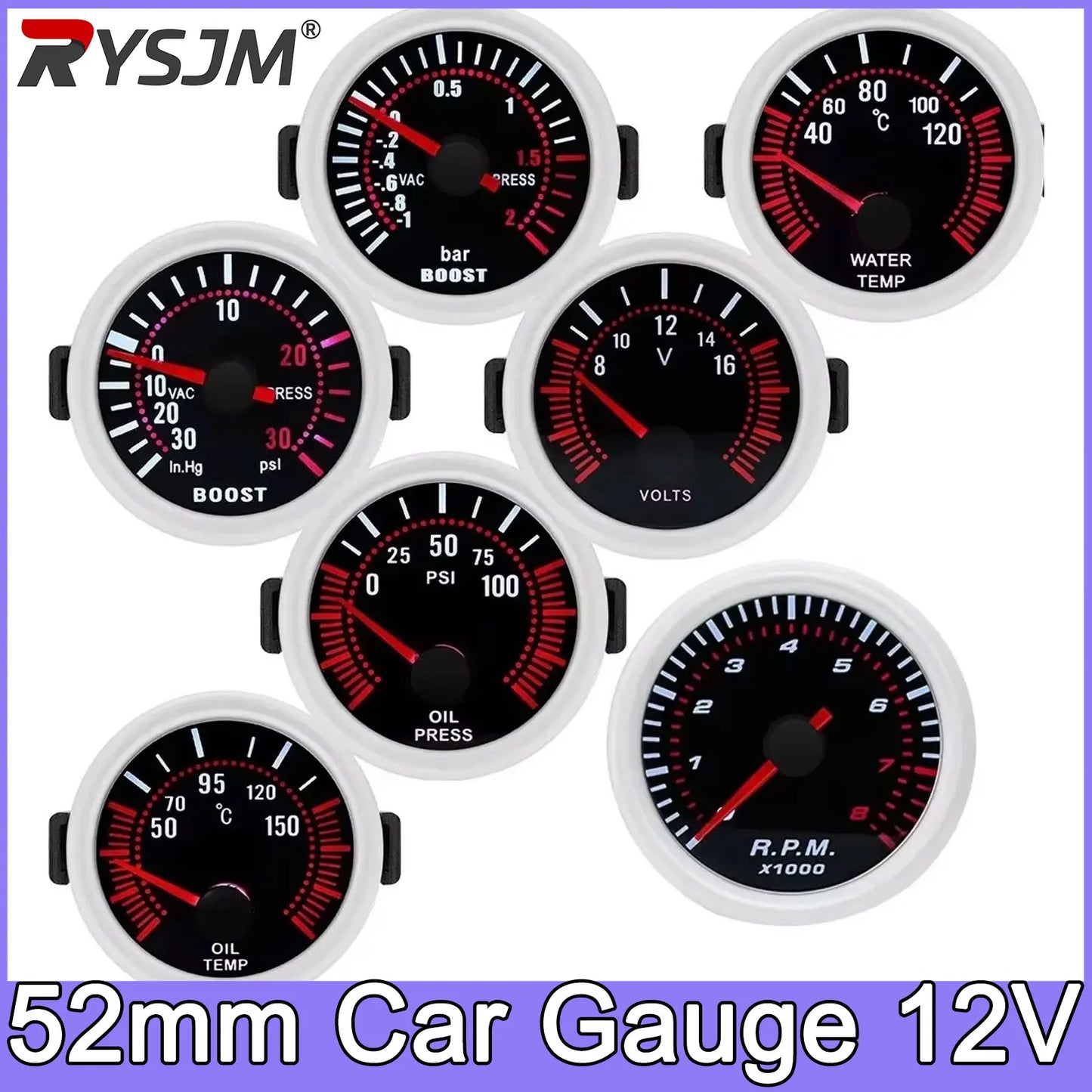 Tachometer For 12V Car 52mm Universal Smoke Len RPM Turbo Boost Gauge 2 Bar PSI Water Temp Meter Oil Pressure Gauge  Tacho