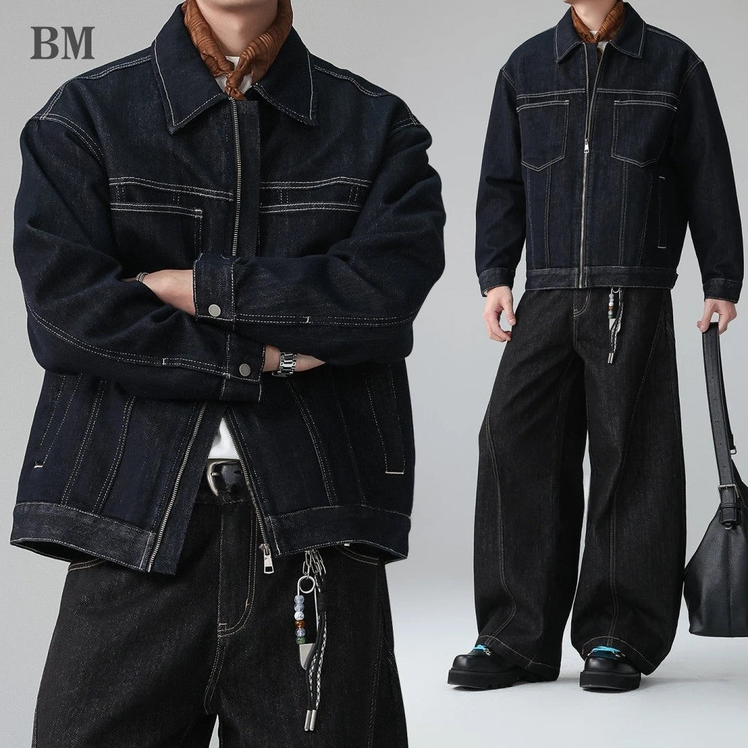 Mens American Vintage Denim Trucker Jacket Lapel Collar Lyocell Blend Topstitching Premium Spring Fall Casual Trendy Coat Male