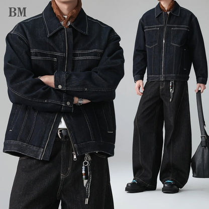 Mens American Vintage Denim Trucker Jacket Lapel Collar Lyocell Blend Topstitching Premium Spring Fall Casual Trendy Coat Male