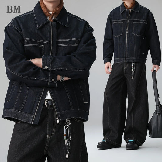 Mens American Vintage Denim Trucker Jacket Lapel Collar Lyocell Blend Topstitching Premium Spring Fall Casual Trendy Coat Male