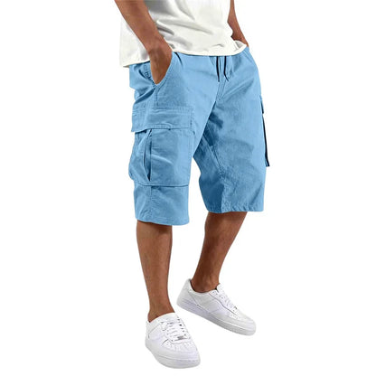 Summer Men Loose Straight Pants Casual Multi-Pocket Shorts Pure Color Fashion Men Shorts Drawstring Daily Cargo Short Pants