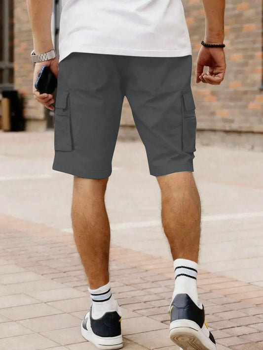 Men's Cargo Shorts: Woven, non-stretch fabric in a simple solid color, featuring an American street-style Hip-Hop aesthetic