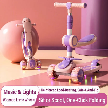 3 in 1 Adjustable 3-Wheel Kids Ride-On Scooter with Extra Wide Light-Up PU Wheels Kick Scooter with Music and Light for Children