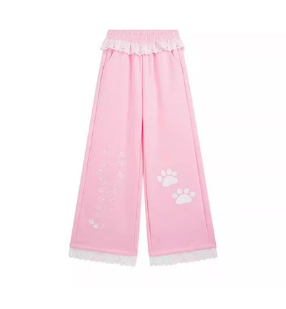 Sweet Cartoon Print Wide Leg Pants Women's High Waist Straight Lace Splice Casual Sports Sweatpants Breathable Cotton Blend