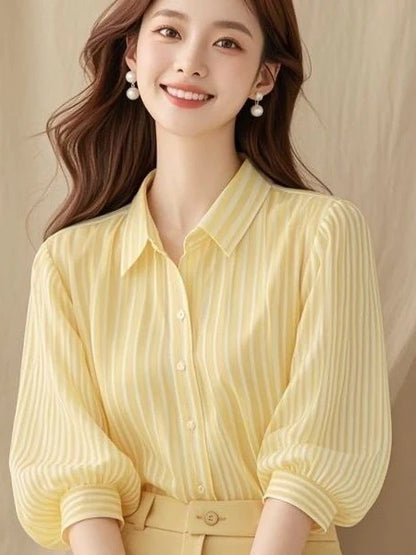 Elegant  Collar Striped Shirt Women's Summer 2025 New Style Lantern Sleeve Commute Top Trendy Loose Fit Seven Sleeve