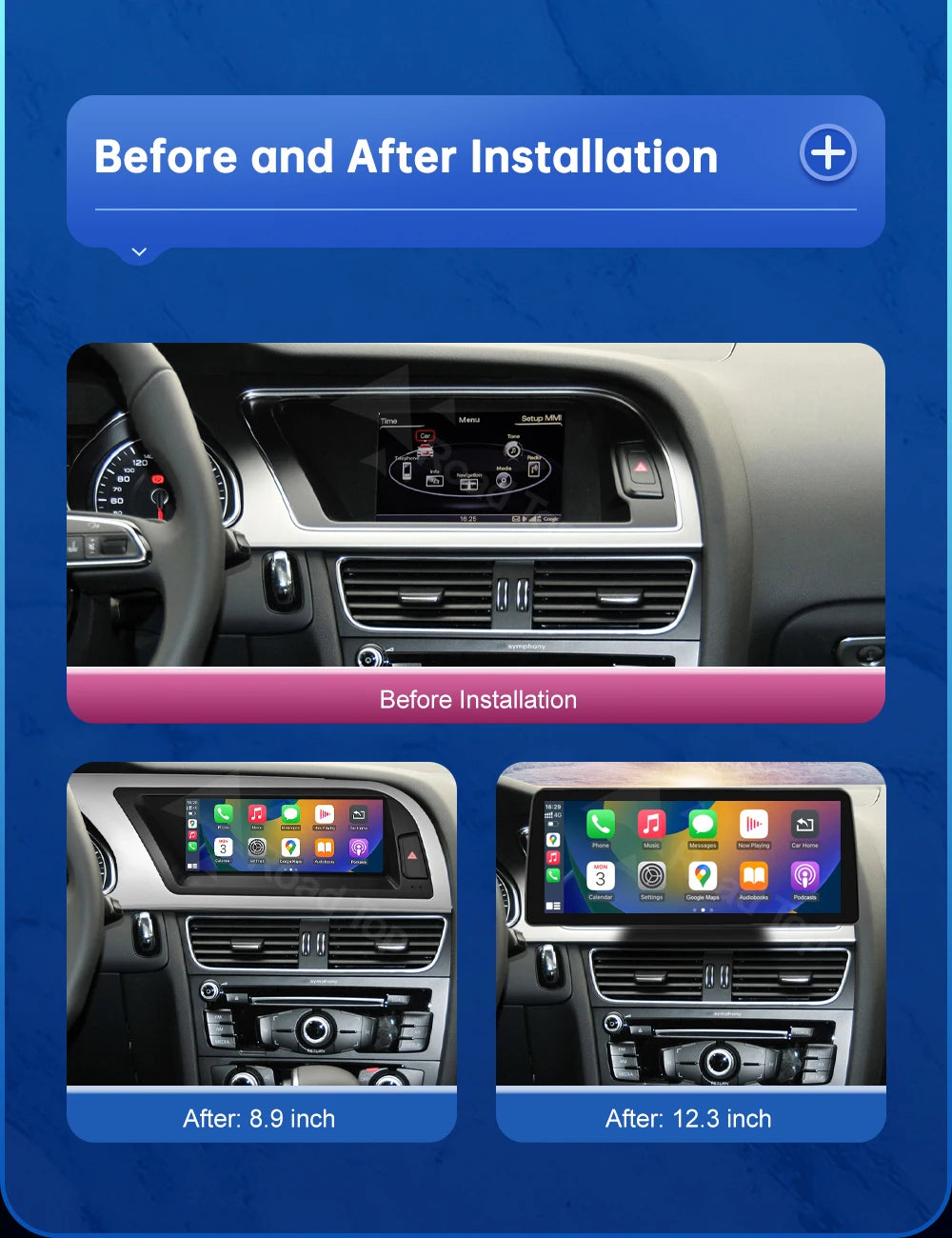 CN Road Top 8.9 12.3'' Touch Screen Multimedia Player Andriod Auto Link For Audi A4 S4 B8 2009-2015 GPS Carplay Display Car Play