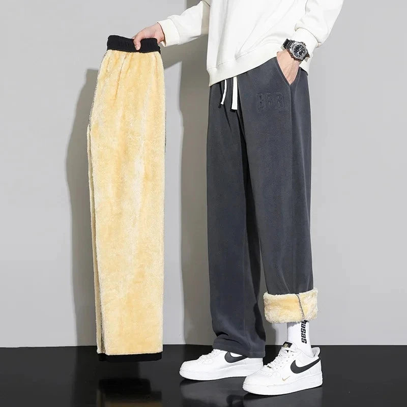Winter Velvet Lining Trousers Men Outdoor Jogger Sweatpants Neutral  Solid Color Baggy Thickened Winter Fleece Loose Cargo Pants