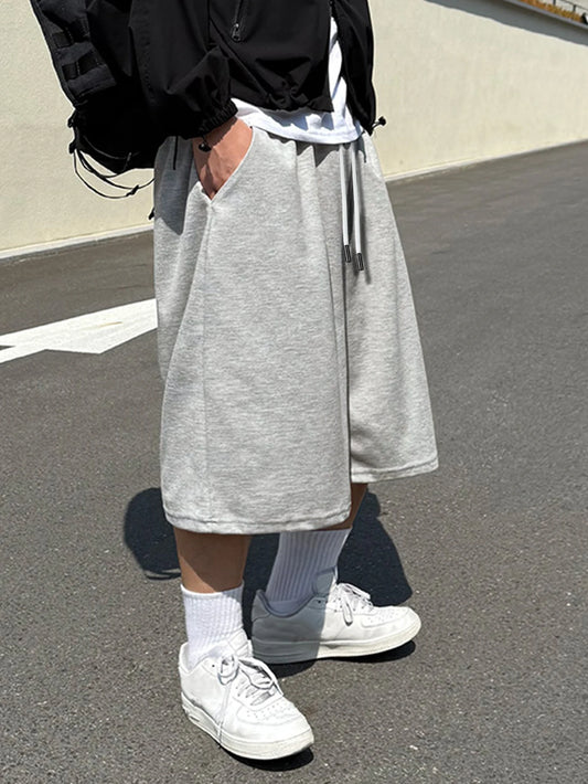 Men's Young Fashion Wide Leg Shorts Elastic Waist Casual Sweat Shorts High Street Wear Loose Fit Hip Hop Shorts