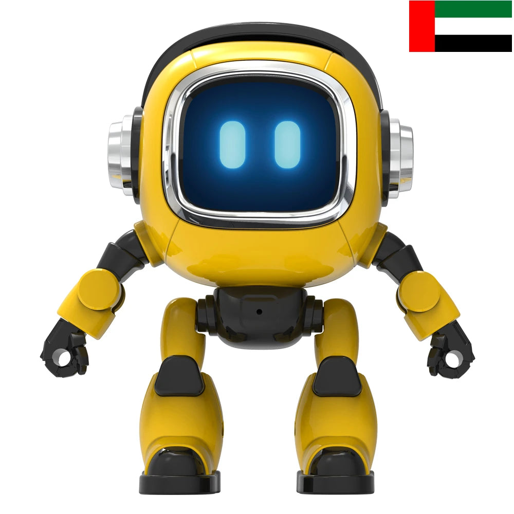 Mini Yellow ABS Robot Figurine with Flexible‑Joint, Soft‑Glow LED Desktop Ornament, Nice Holiday Birthday Gift