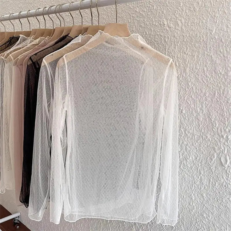 Women's Lace Base Shirt Thin Long Sleeve Half High Collar Inner Wear Spring Autumn New Style Mesh Top Wood Grain  Design