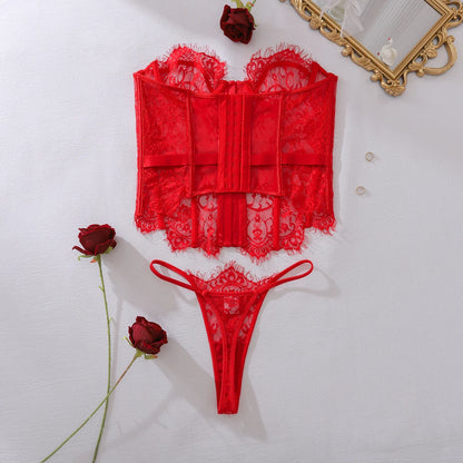 2025 Women's Eyelash Lace Perspective Low cut Fishbone Body Shaping and Slimming Sexy Underwear Two Piece Set