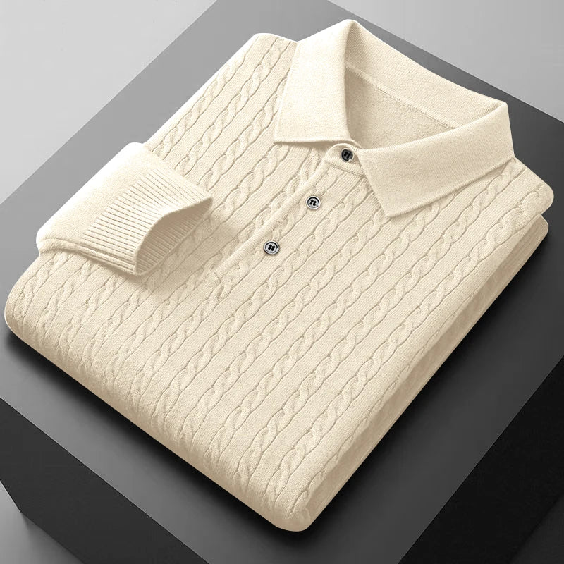 Animal Game Men's Knitted Polo Shirts Button Cable Pullover Sweater V-neck Long Sleeve Outerwear Warm Heavyweight Solid Jumper