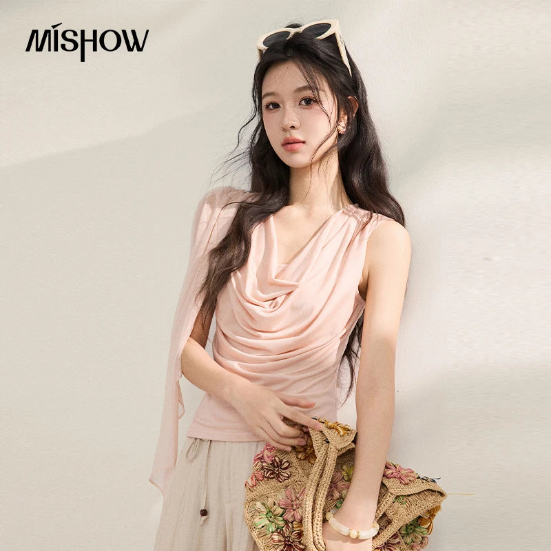 MISHOW Women Draped Cowl Neck Lyocell Knit T-shirt Asymmetrical Chiffon Sash Ruched Tee Casual Slim Fit Summer Tops MXF22T1594